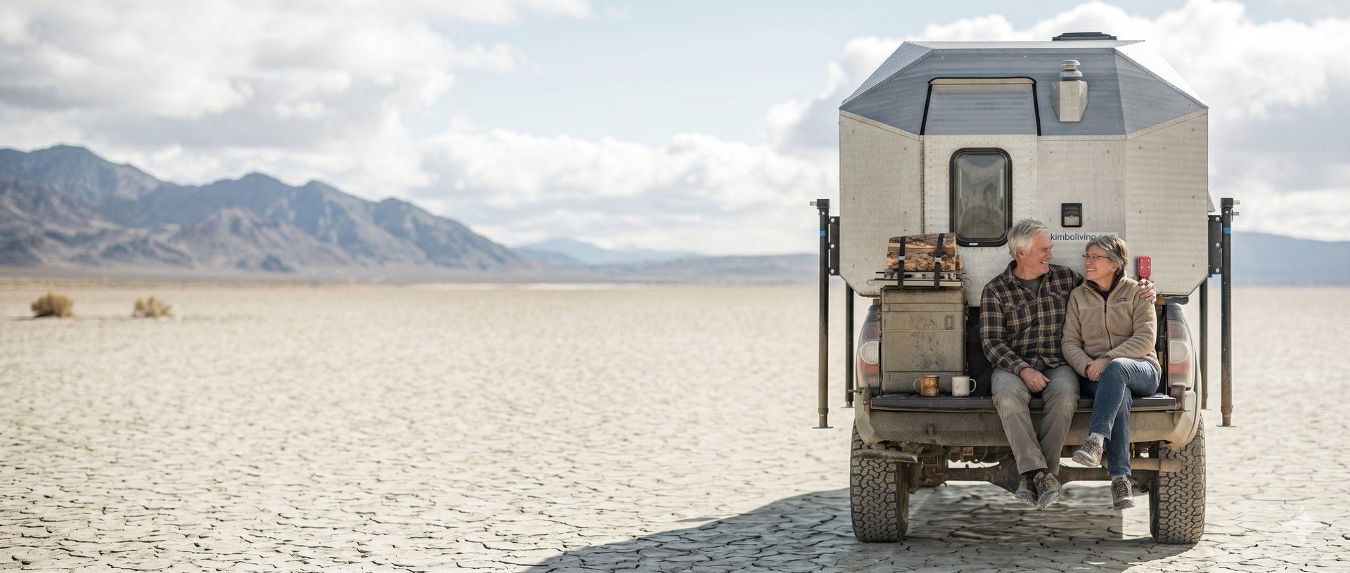 Two Kimbo owners — a silver-haired couple — sitting together on the open truck tailgate of their Kimbo aluminum truck bed camper at a vast cracked-mud playa with snow-dusted mountains on the horizon.