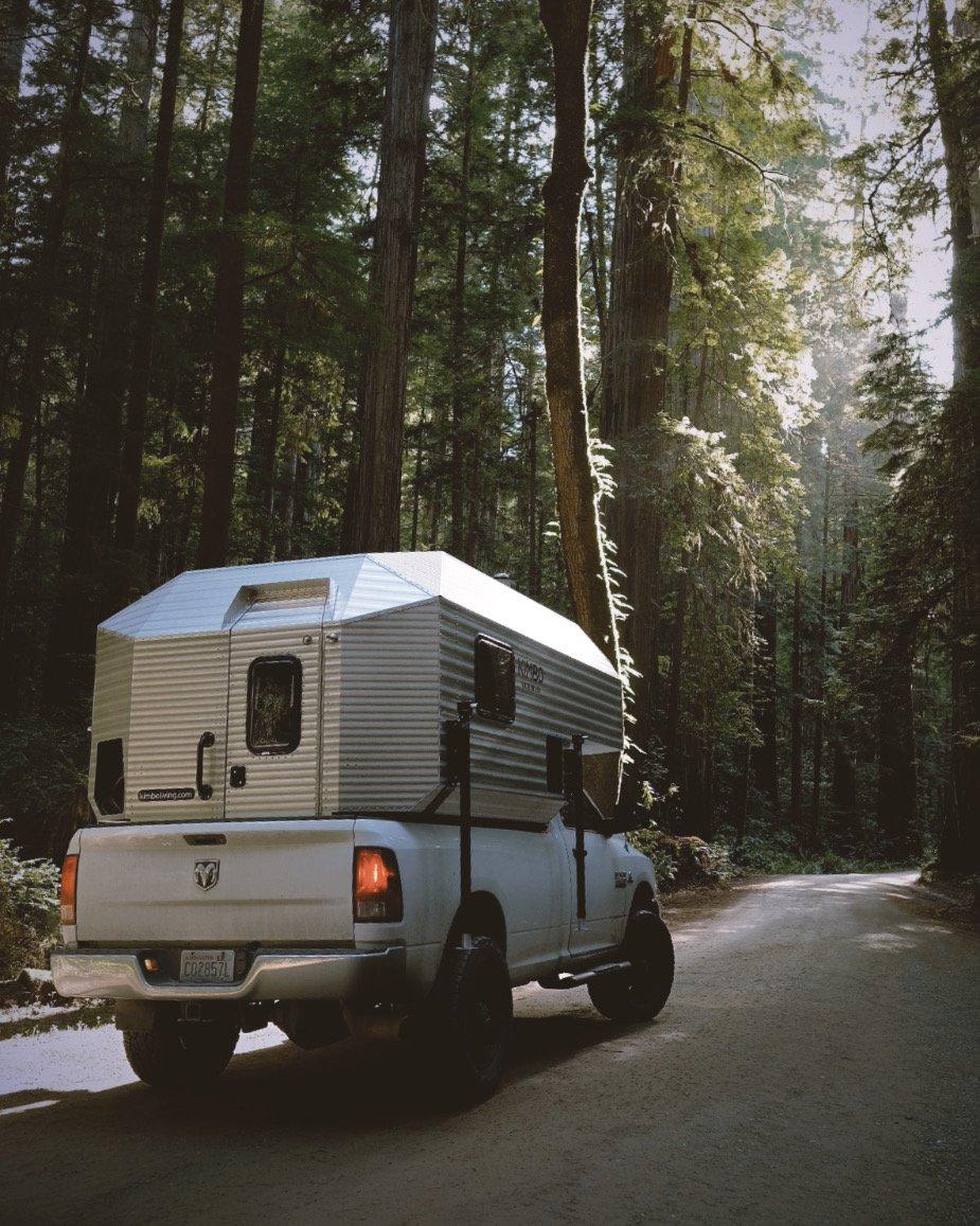 White Dodge Ram 2500 with the Kimbo 8 hard-side aluminum truck bed camper photographed rear-three-quarter on a forest dirt road winding through the coastal redwoods of northern California, soft beams of sunlight cutting through the canopy.
